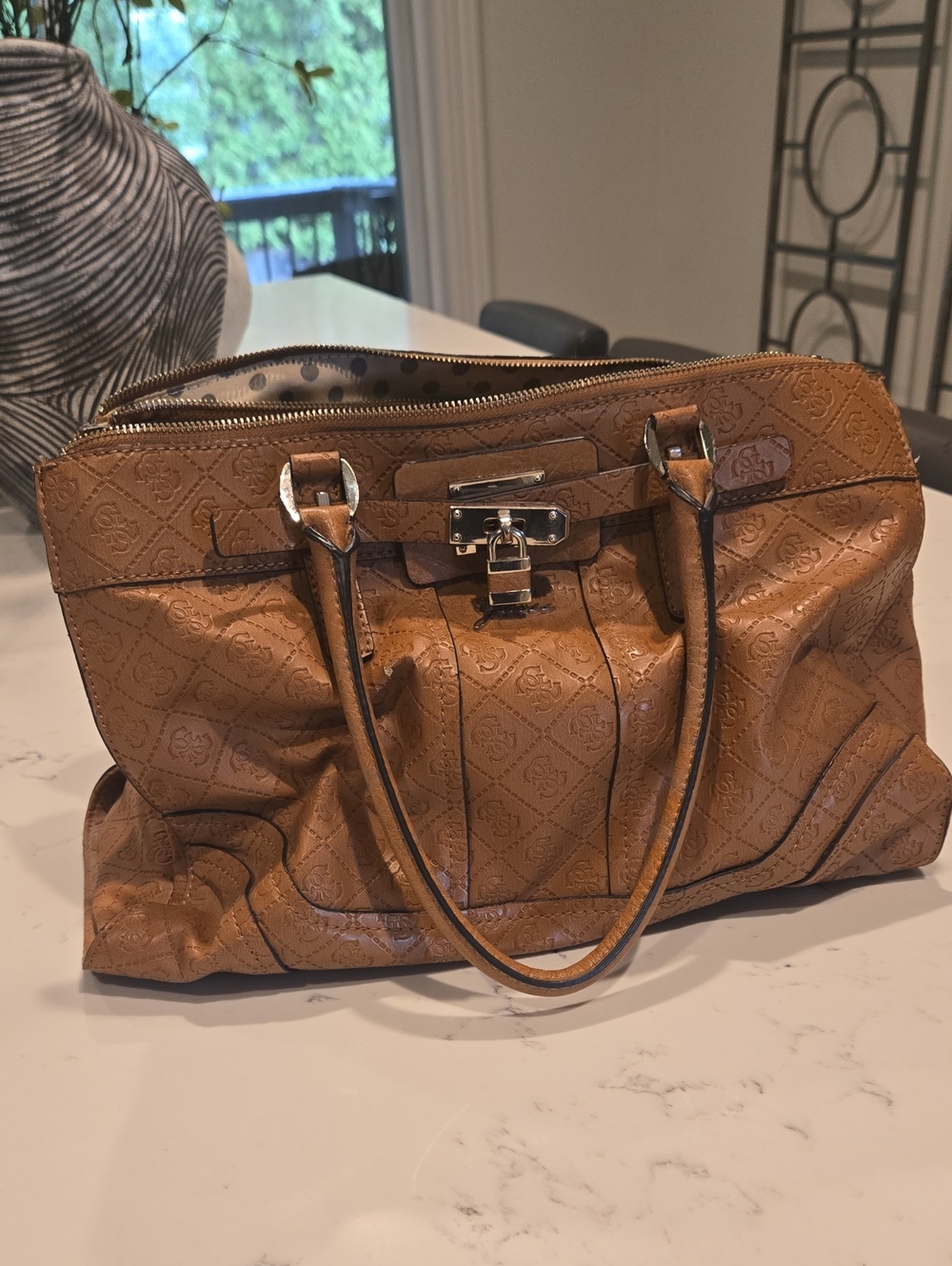 Guess Tan Embossed Leather Work Tote